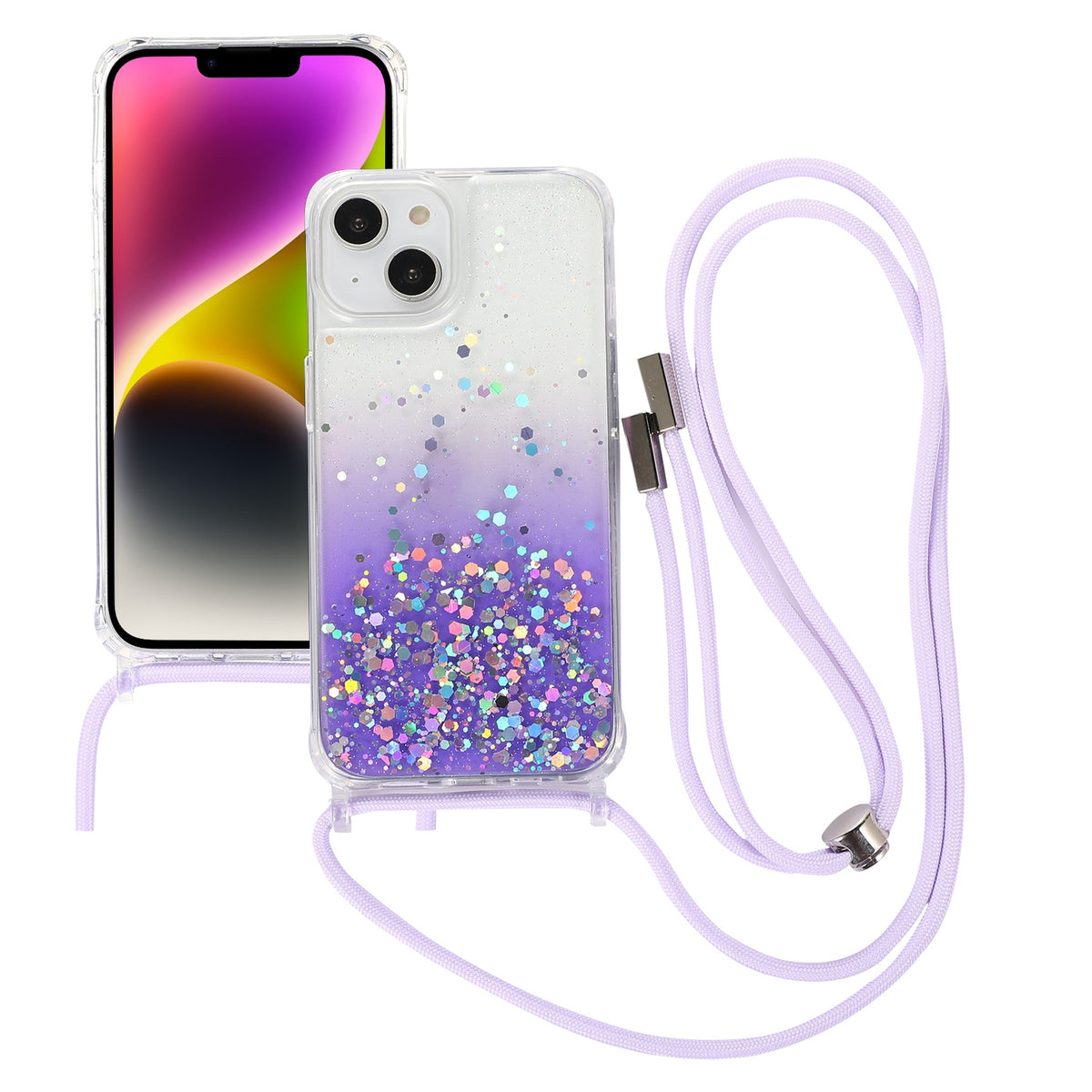ELECTROPRIME For iPhone 15 Plus Gradient Glitter Epoxy TPU Thickened Acrylic Phone Case with Round Neck Lanyard(Purple)