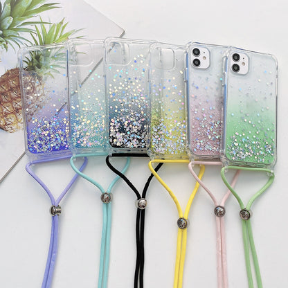 ELECTROPRIME For iPhone 15 Plus Gradient Glitter Epoxy TPU Thickened Acrylic Phone Case with Round Neck Lanyard(Purple)