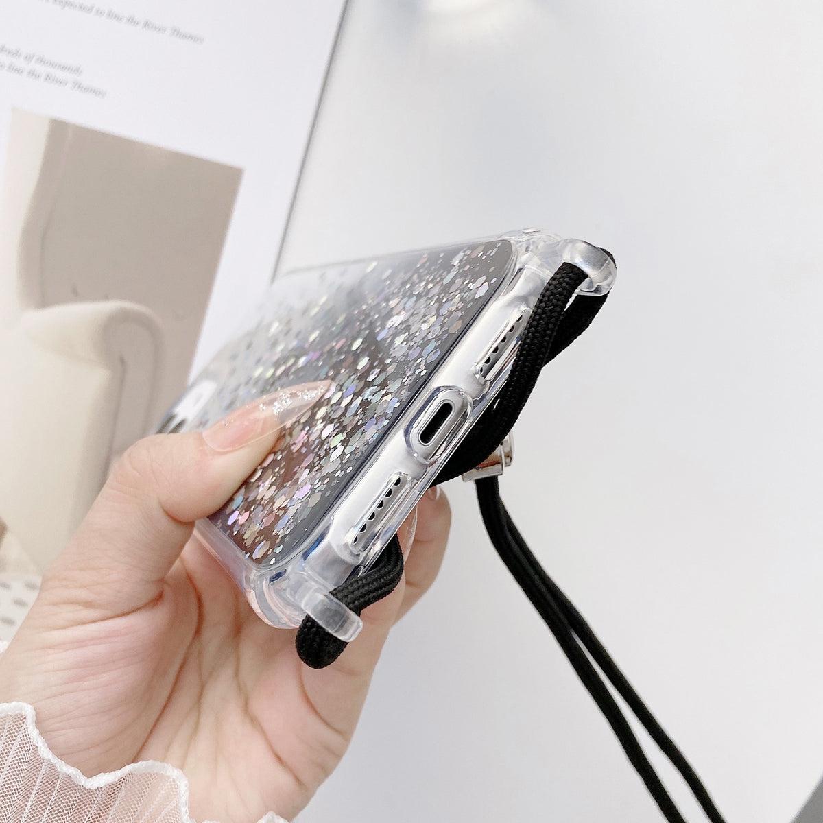 ELECTROPRIME For iPhone 15 Plus Gradient Glitter Epoxy TPU Thickened Acrylic Phone Case with Round Neck Lanyard(Purple)