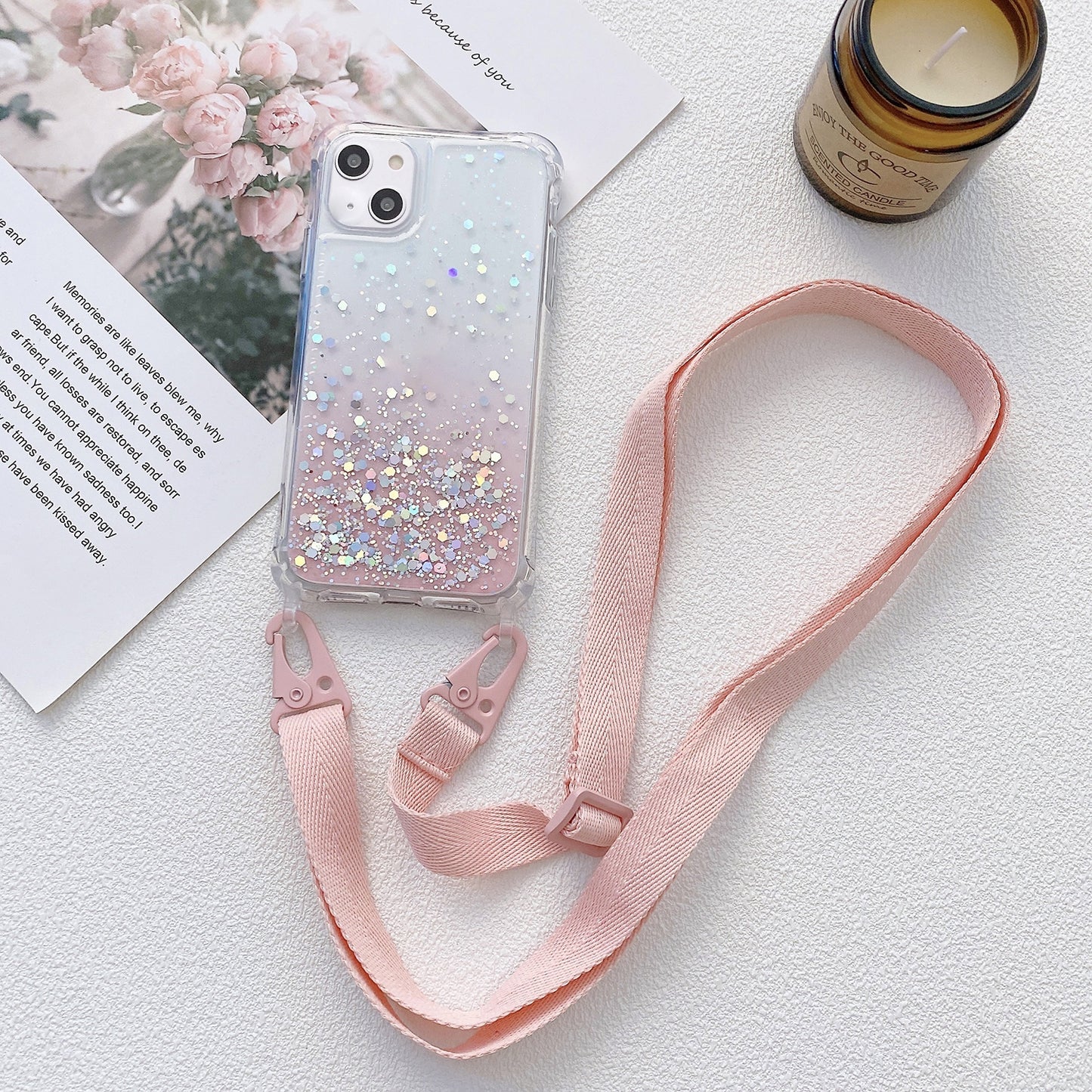ELECTROPRIME For iPhone 15 Gradient Glitter Epoxy TPU Thickened Acrylic Phone Case with Wide Lanyard(Pink)