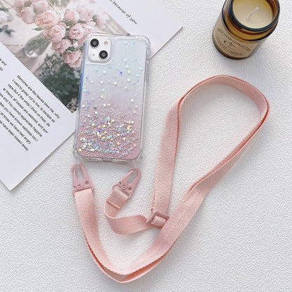 ELECTROPRIME For iPhone 15 Gradient Glitter Epoxy TPU Thickened Acrylic Phone Case with Wide Lanyard(Pink)