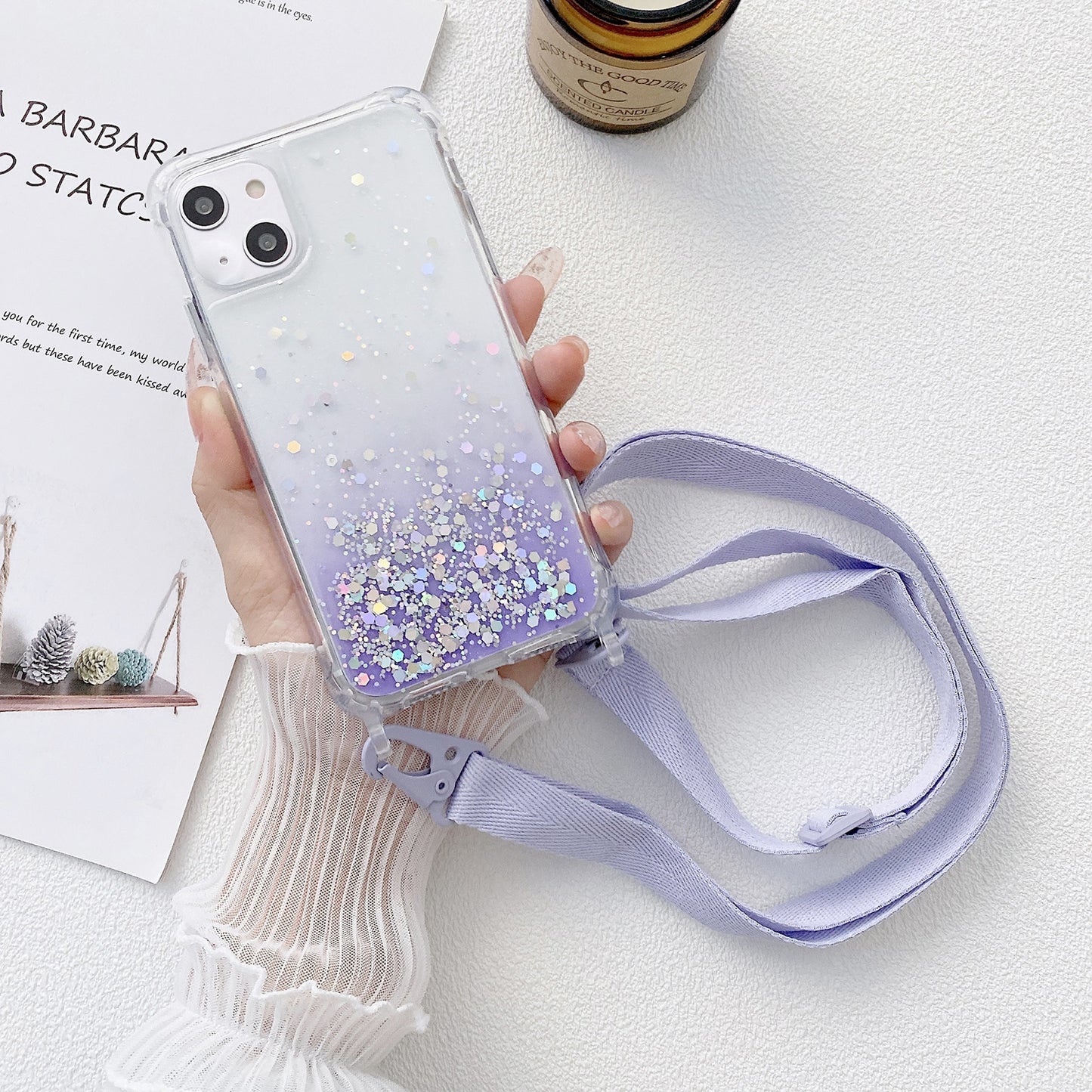 ELECTROPRIME For iPhone 15 Gradient Glitter Epoxy TPU Thickened Acrylic Phone Case with Wide Lanyard(Purple)