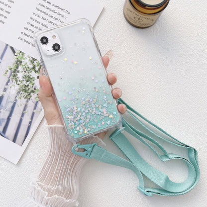 ELECTROPRIME For iPhone 15 Gradient Glitter Epoxy TPU Thickened Acrylic Phone Case with Wide Lanyard(Blue)