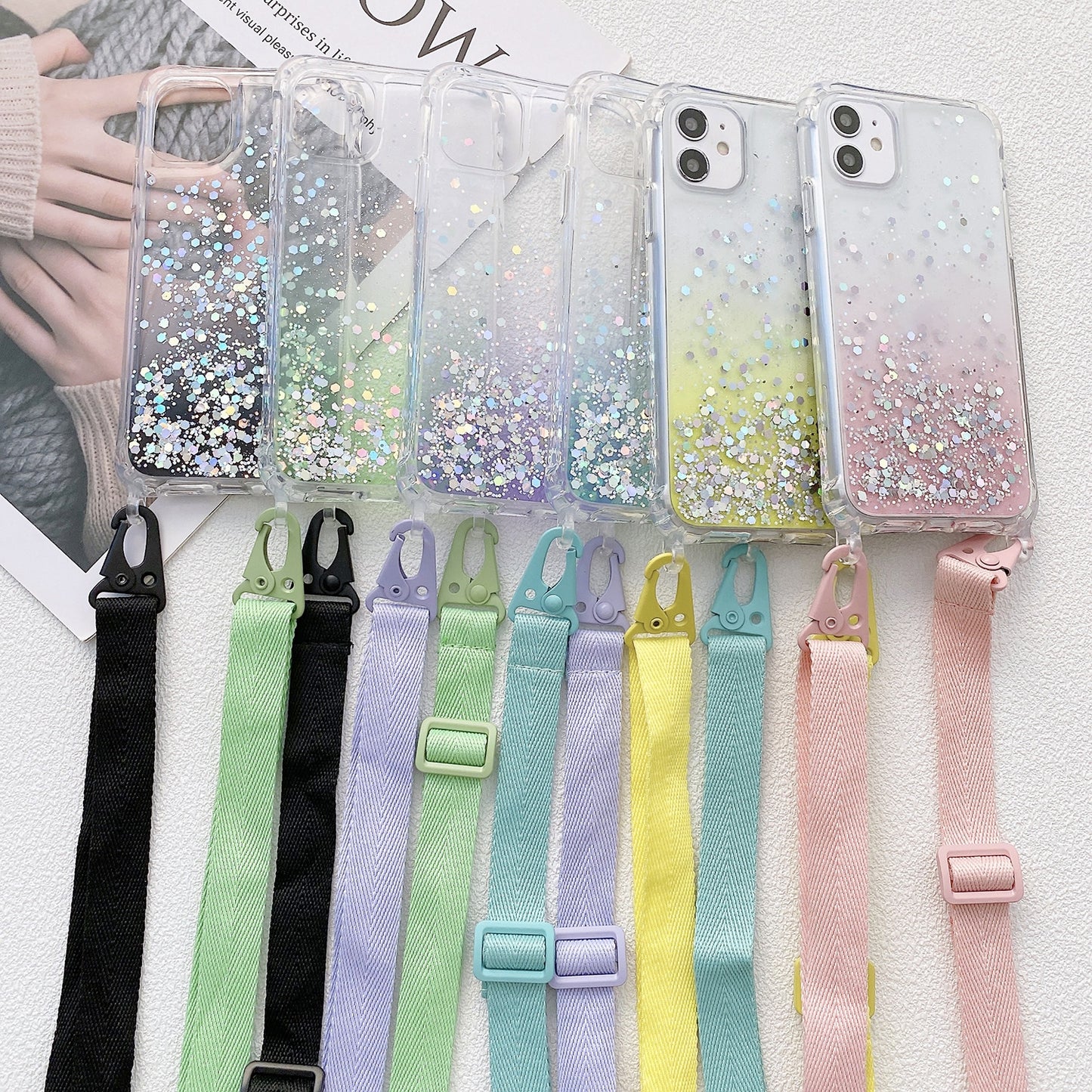 ELECTROPRIME For iPhone 15 Gradient Glitter Epoxy TPU Thickened Acrylic Phone Case with Wide Lanyard(Blue)