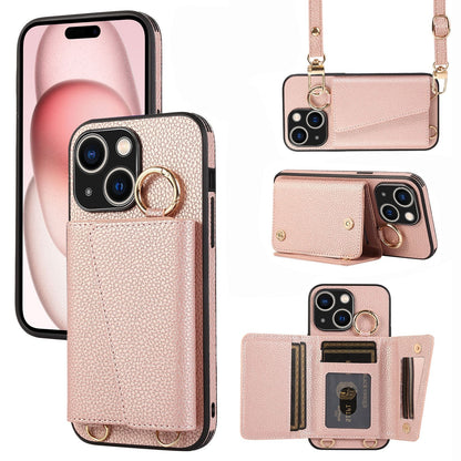 ELECTROPRIME For iPhone 15 Plus Crossbody Ring Wallet Leather Back Cover Phone Case(Pink)