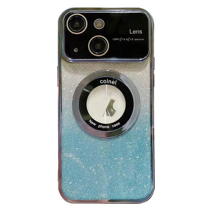 ELECTROPRIME For iPhone 15 Large Window MagSafe Gradient Glitter Electroplating TPU Phone Case(Blue)