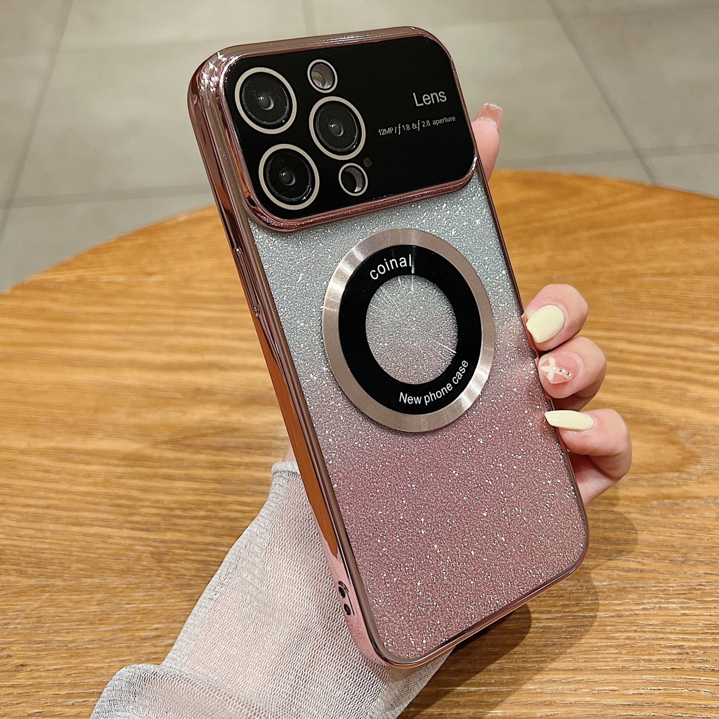ELECTROPRIME For iPhone 15 Large Window MagSafe Gradient Glitter Electroplating TPU Phone Case(Rose Gold)