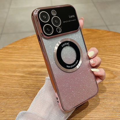 ELECTROPRIME For iPhone 15 Large Window MagSafe Gradient Glitter Electroplating TPU Phone Case(Rose Gold)