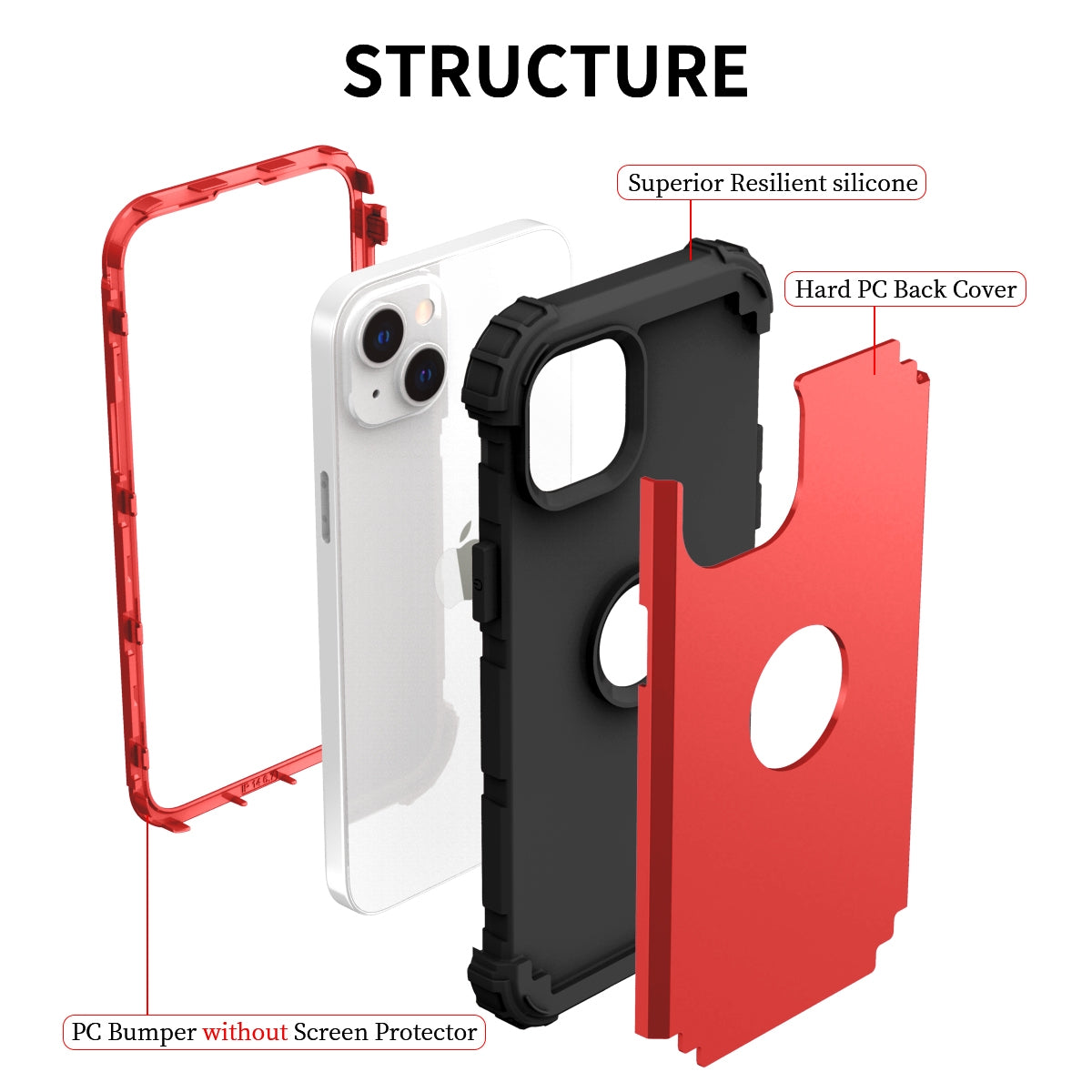 ELECTROPRIME For iPhone 15 3 in 1 Silicone Hybrid PC Shockproof Phone Case(Red)