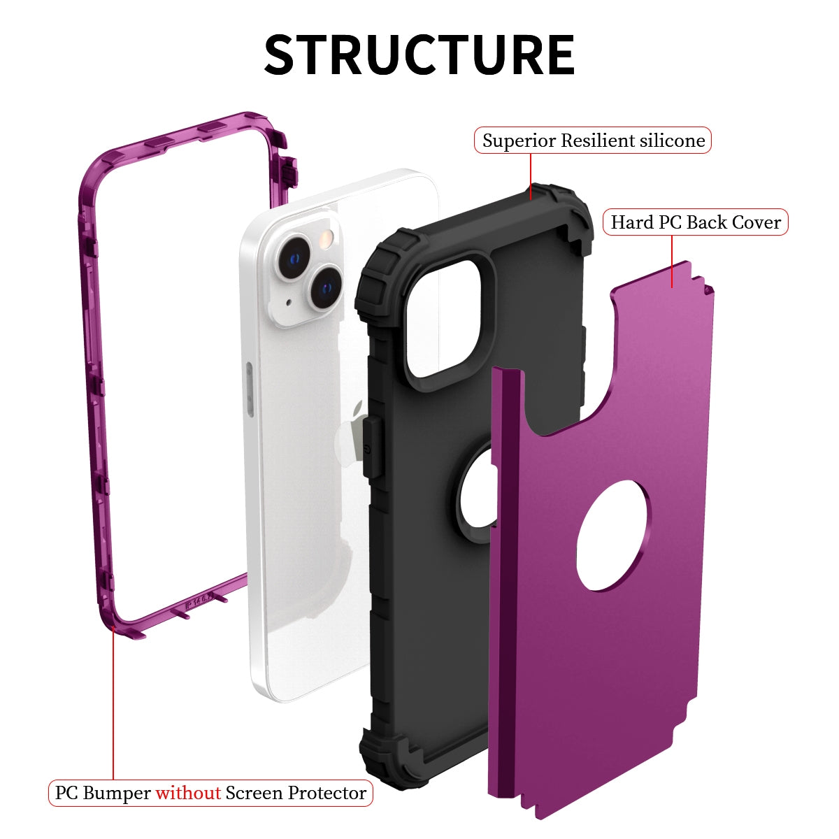 ELECTROPRIME For iPhone 15 3 in 1 Silicone Hybrid PC Shockproof Phone Case(Purple)