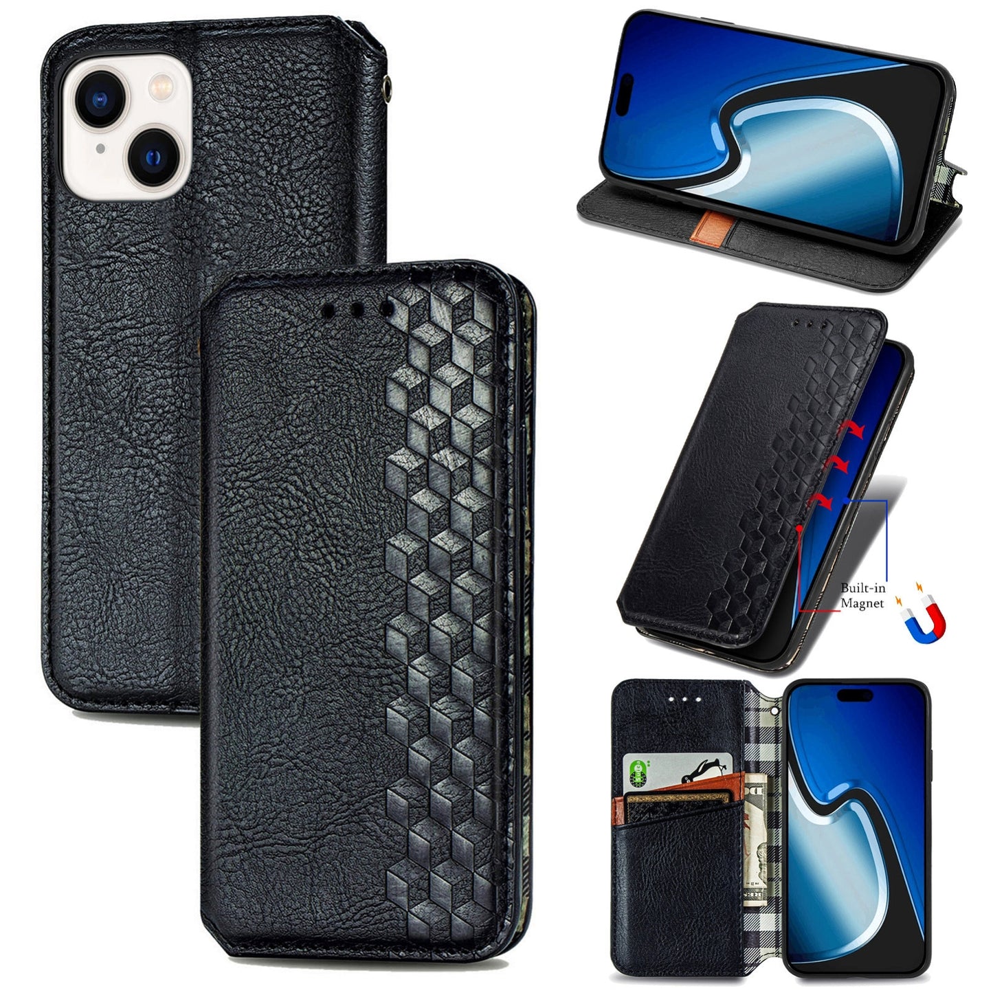 ELECTROPRIME For iPhone 15 Cubic Grid Pressed Magnetic Leather Phone Case(Black)
