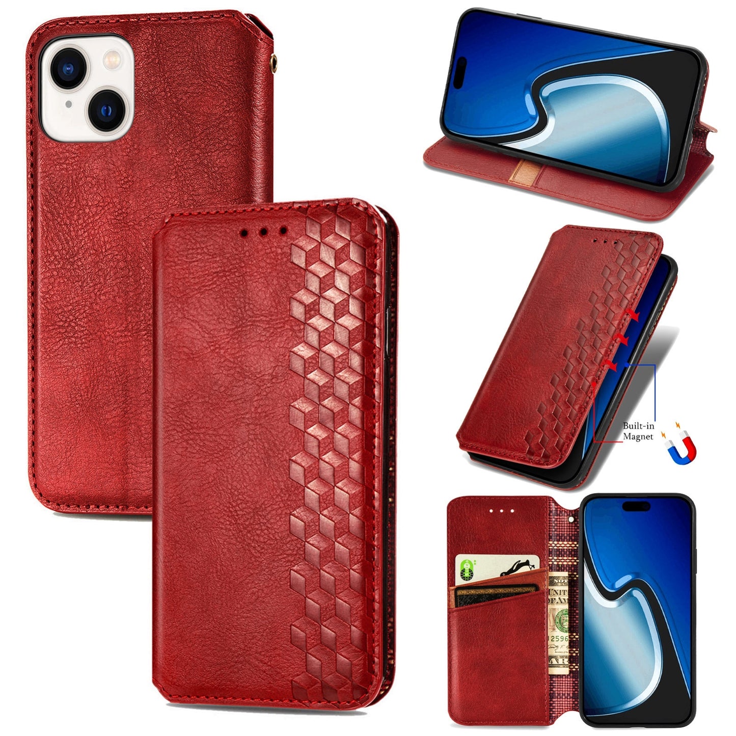 ELECTROPRIME For iPhone 15 Cubic Grid Pressed Magnetic Leather Phone Case(Red)