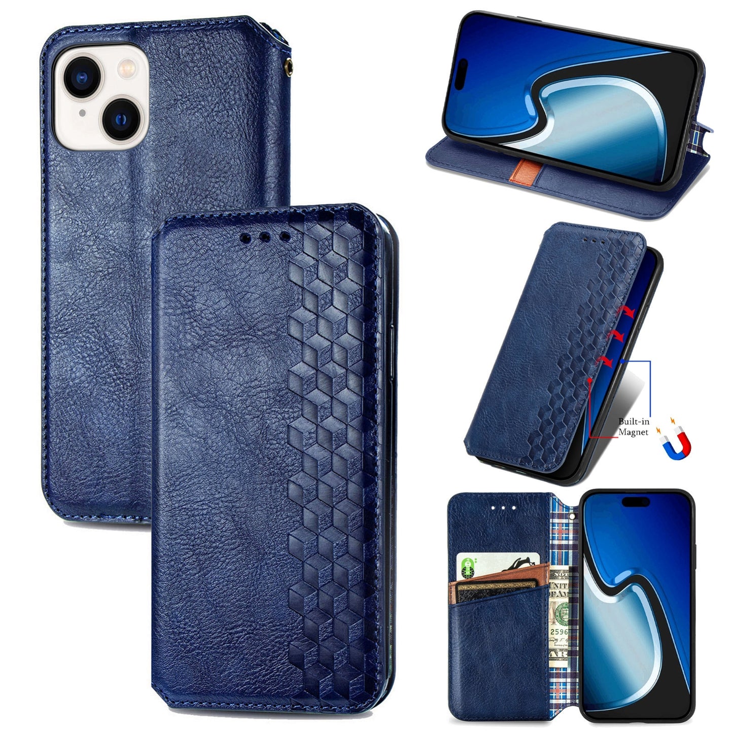 ELECTROPRIME For iPhone 15 Cubic Grid Pressed Magnetic Leather Phone Case(Blue)