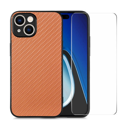 ELECTROPRIME For iPhone 15 ENKAY Fiber Leather Skin PC Phone Case with High Aluminum-silicon Glass Film(Brown)