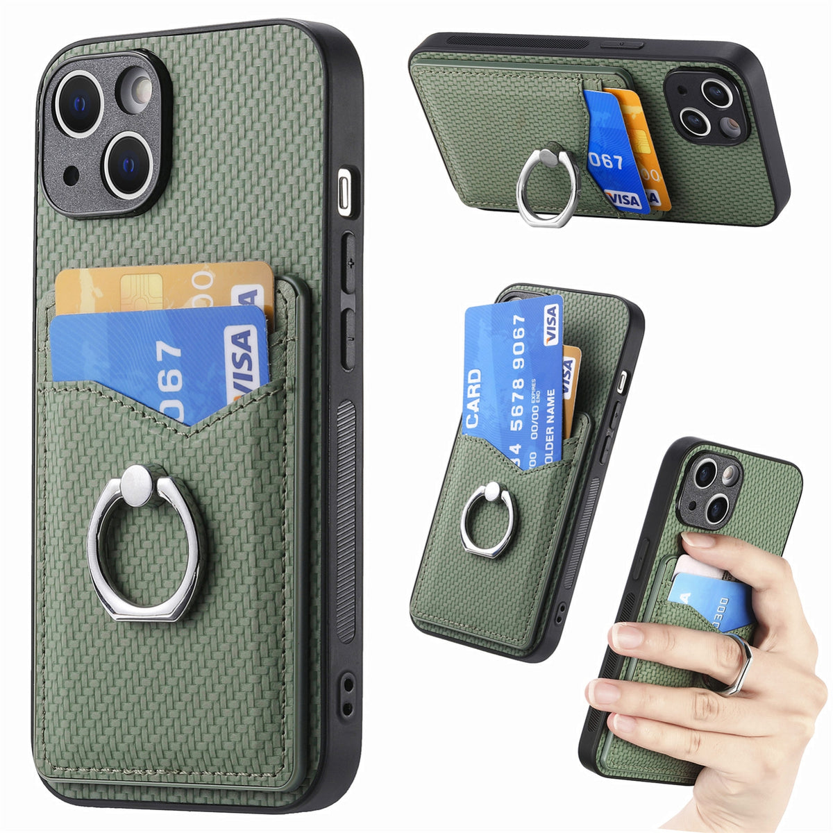 ELECTROPRIME For iPhone 15 Carbon Fiber Card Wallet Ring Holder Phone Case(Green)