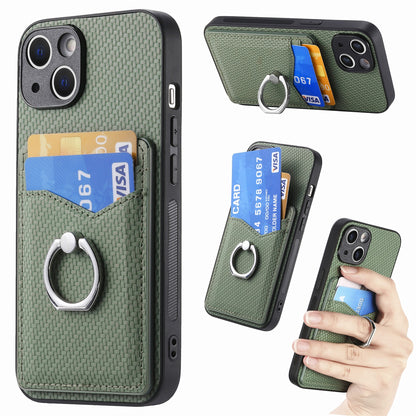 ELECTROPRIME For iPhone 15 Carbon Fiber Card Wallet Ring Holder Phone Case(Green)