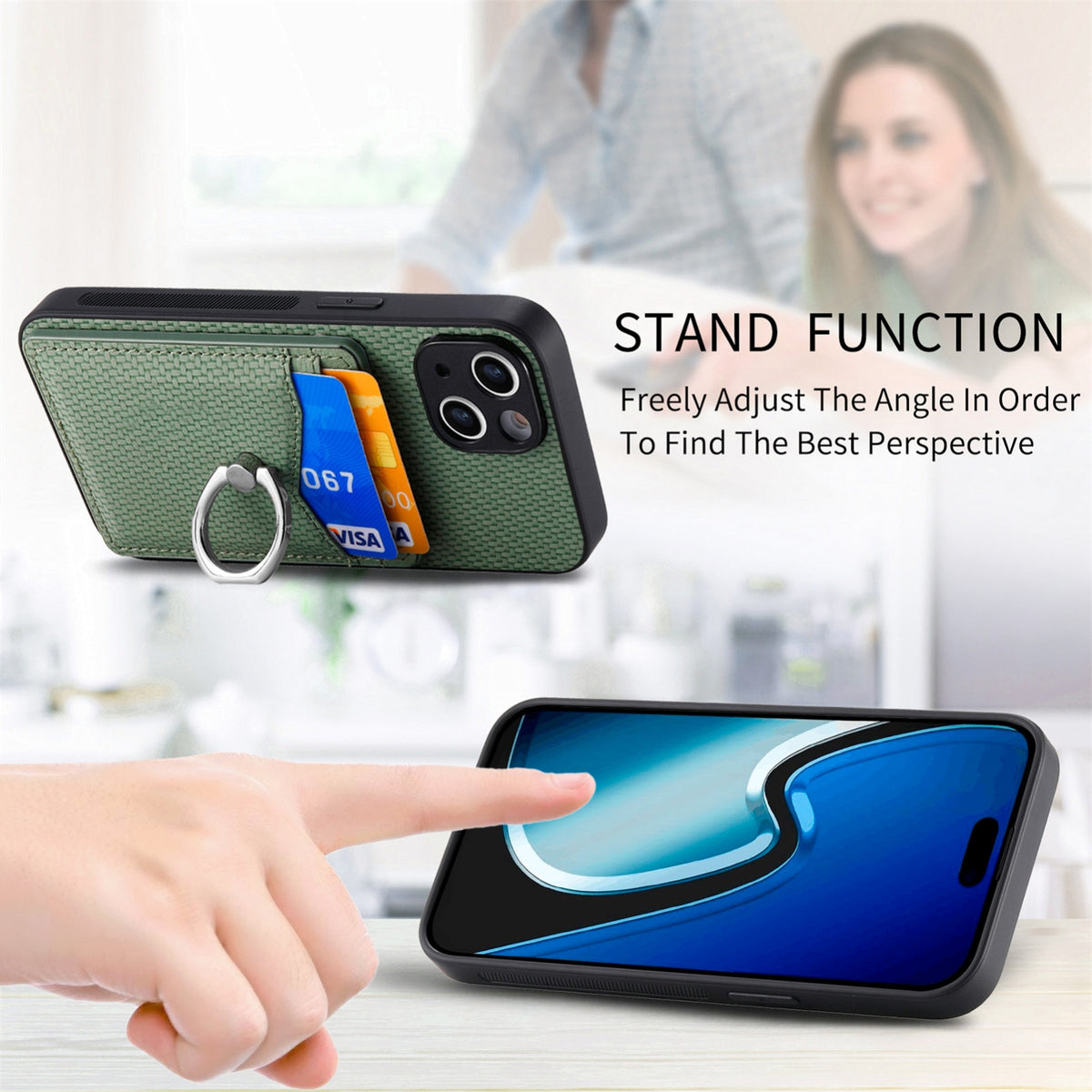 ELECTROPRIME For iPhone 15 Carbon Fiber Card Wallet Ring Holder Phone Case(Green)