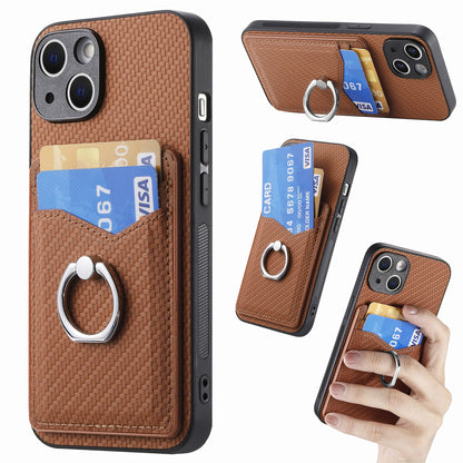ELECTROPRIME For iPhone 15 Carbon Fiber Card Wallet Ring Holder Phone Case(Brown)