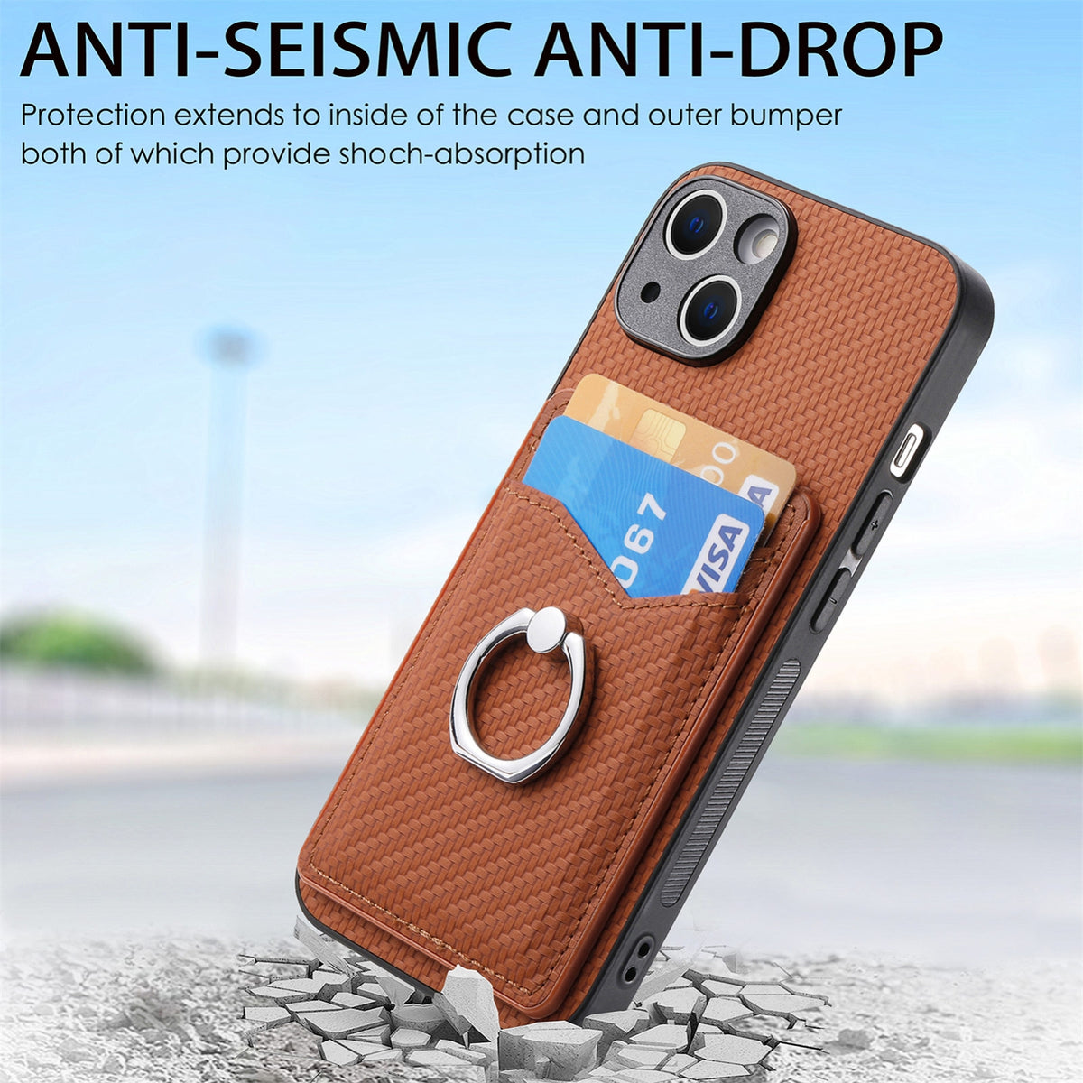 ELECTROPRIME For iPhone 15 Carbon Fiber Card Wallet Ring Holder Phone Case(Brown)