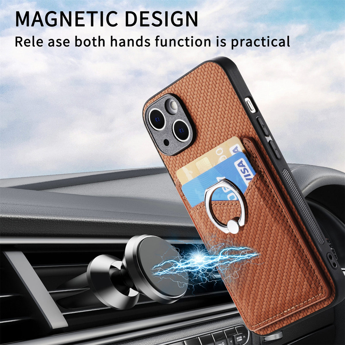ELECTROPRIME For iPhone 15 Carbon Fiber Card Wallet Ring Holder Phone Case(Brown)