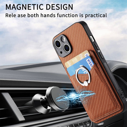 ELECTROPRIME For iPhone 15 Carbon Fiber Card Wallet Ring Holder Phone Case(Brown)