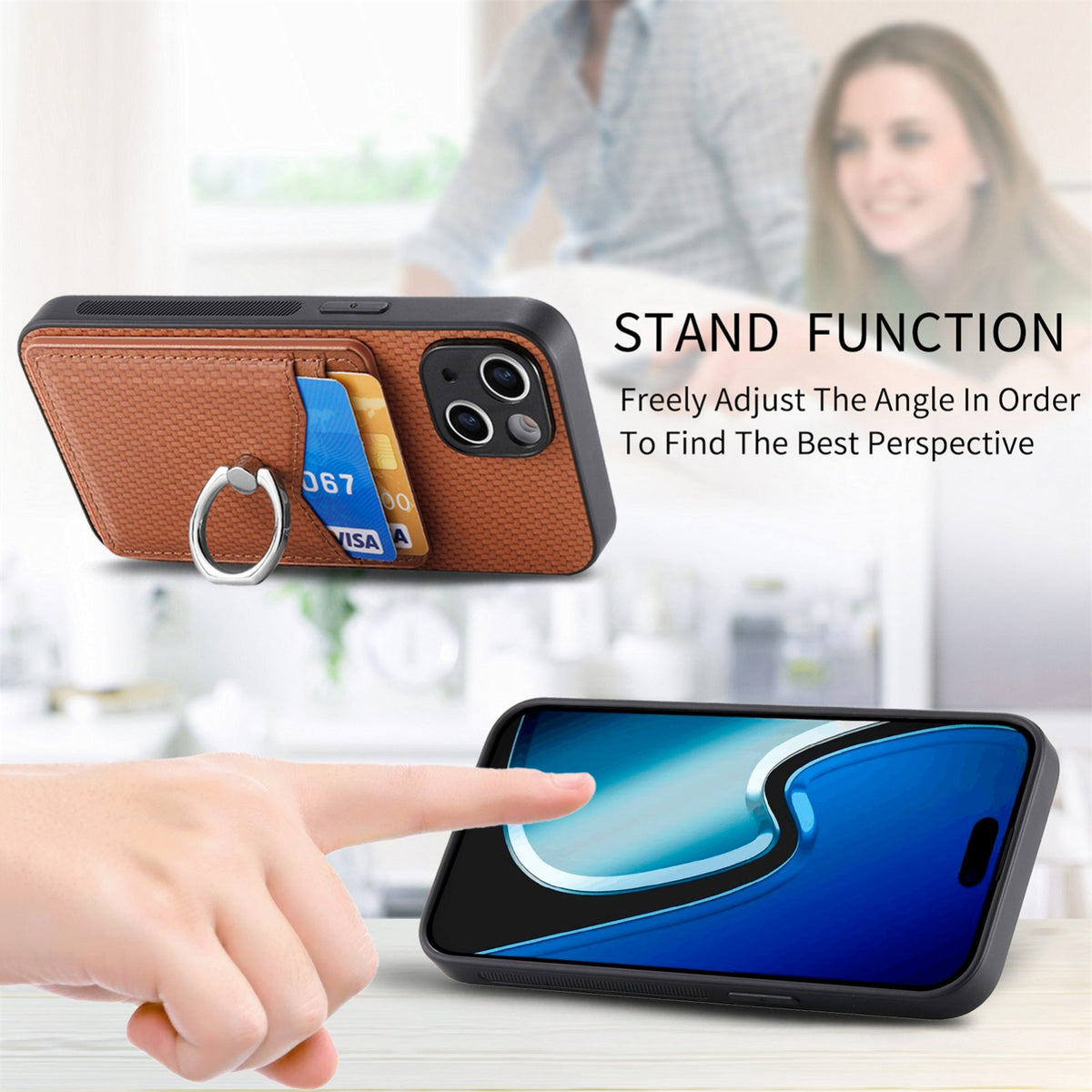 ELECTROPRIME For iPhone 15 Carbon Fiber Card Wallet Ring Holder Phone Case(Brown)