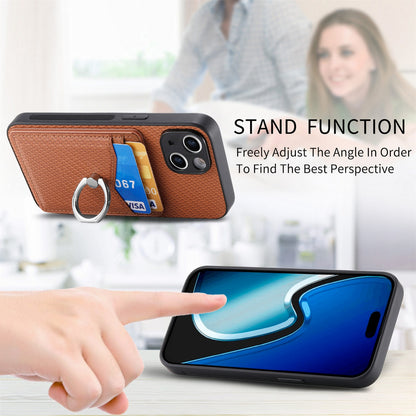 ELECTROPRIME For iPhone 15 Carbon Fiber Card Wallet Ring Holder Phone Case(Brown)