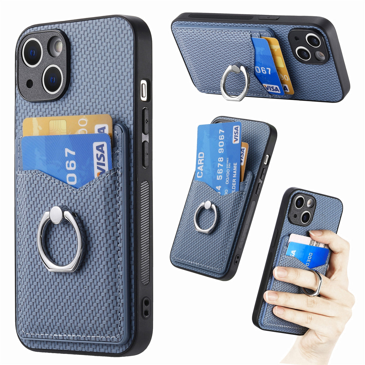 ELECTROPRIME For iPhone 15 Carbon Fiber Card Wallet Ring Holder Phone Case(Blue)