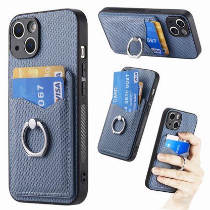 ELECTROPRIME For iPhone 15 Carbon Fiber Card Wallet Ring Holder Phone Case(Blue)