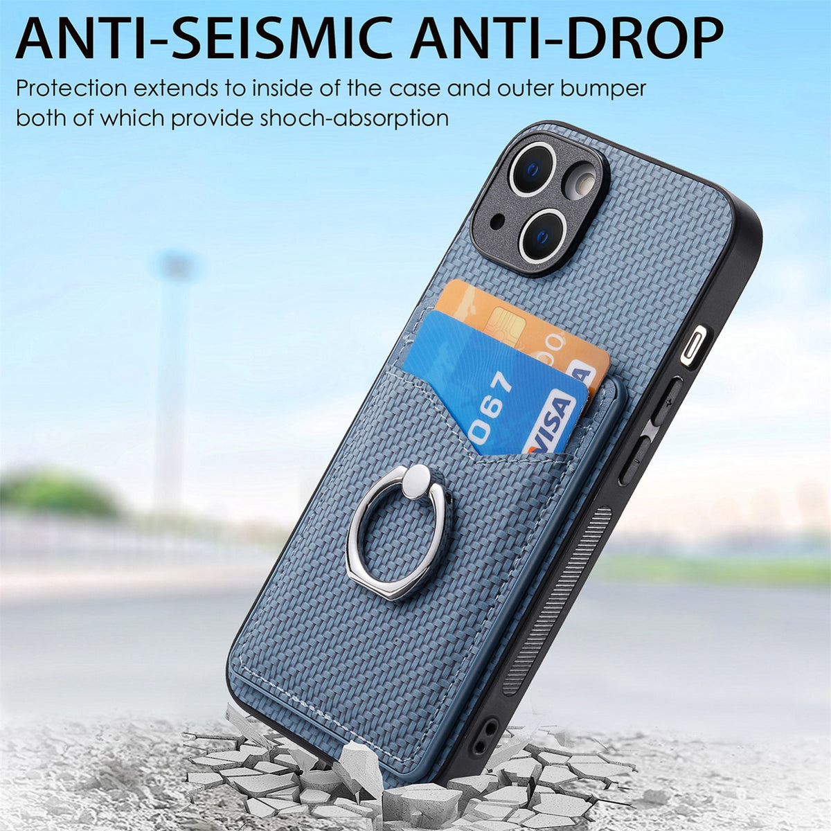 ELECTROPRIME For iPhone 15 Carbon Fiber Card Wallet Ring Holder Phone Case(Blue)
