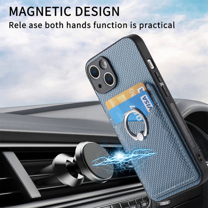 ELECTROPRIME For iPhone 15 Carbon Fiber Card Wallet Ring Holder Phone Case(Blue)
