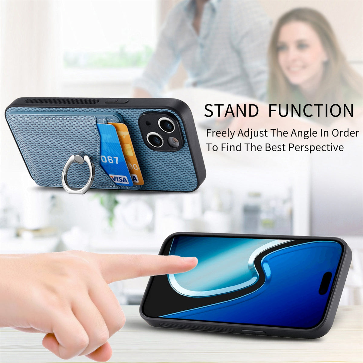 ELECTROPRIME For iPhone 15 Carbon Fiber Card Wallet Ring Holder Phone Case(Blue)
