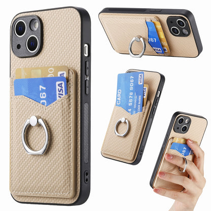 ELECTROPRIME For iPhone 15 Carbon Fiber Card Wallet Ring Holder Phone Case(Khaki)