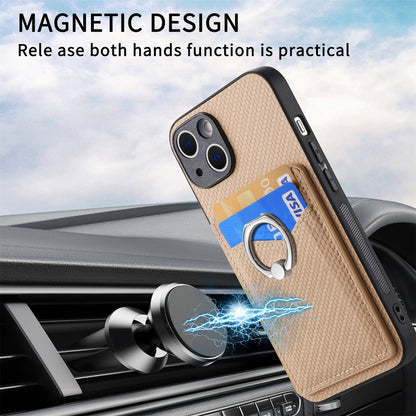 ELECTROPRIME For iPhone 15 Carbon Fiber Card Wallet Ring Holder Phone Case(Khaki)