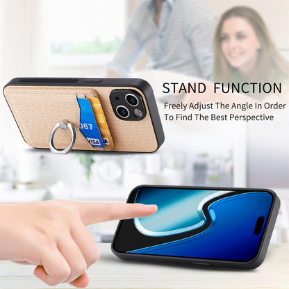 ELECTROPRIME For iPhone 15 Carbon Fiber Card Wallet Ring Holder Phone Case(Khaki)