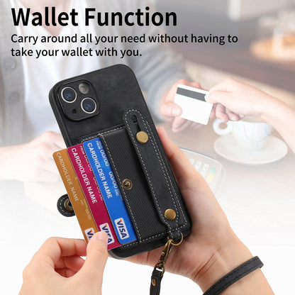 ELECTROPRIME For iPhone 15 Retro Cross Wristband Wallet Leather Back Phone Case(Black)
