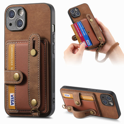 ELECTROPRIME For iPhone 15 Retro Cross Wristband Wallet Leather Back Phone Case(Brown)