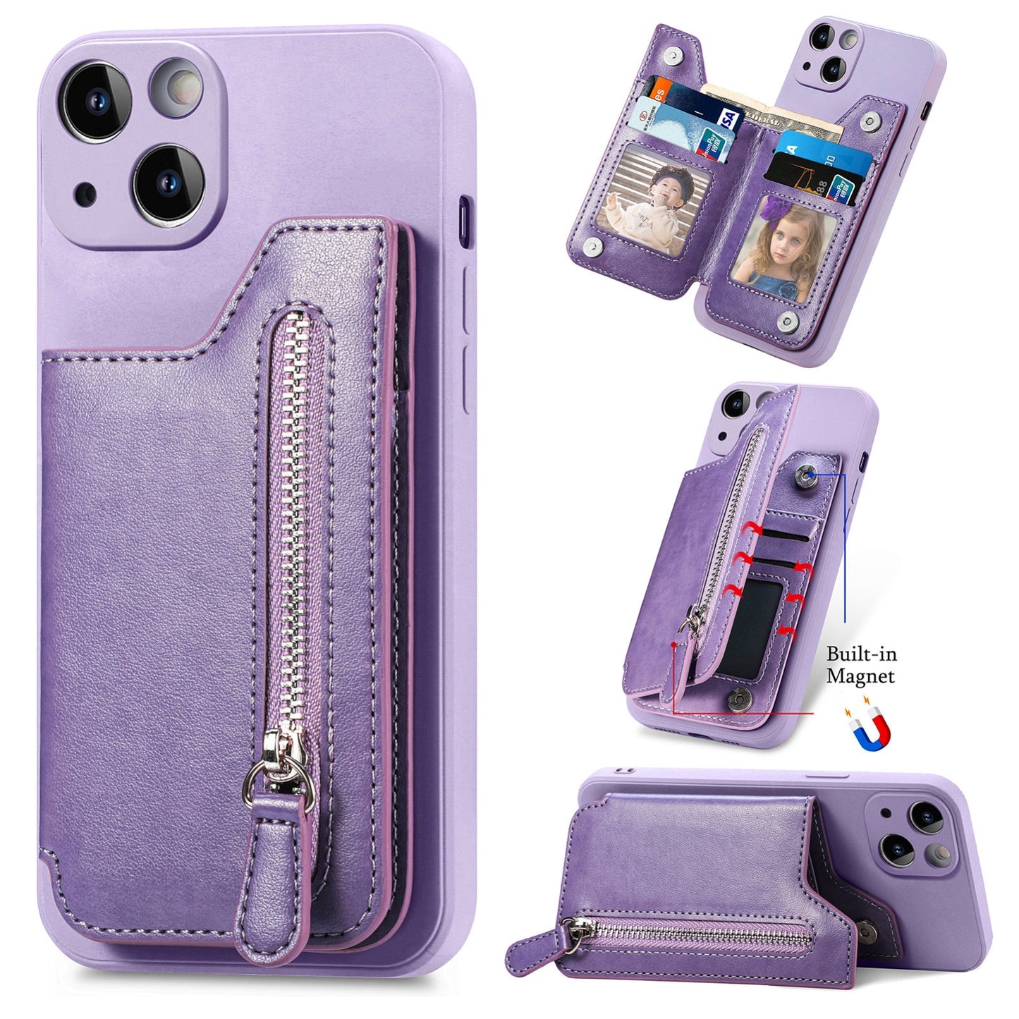 ELECTROPRIME For iPhone 15 Zipper Wallet Leather Back Shockproof Phone Case(Purple)