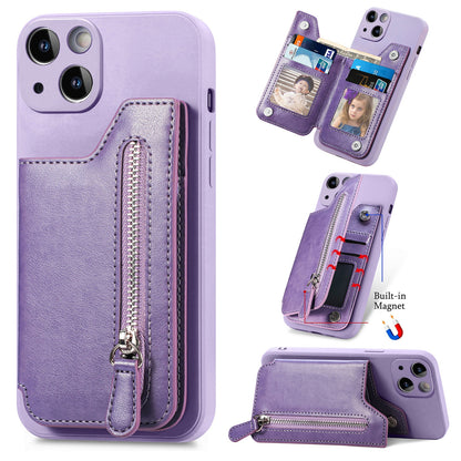 ELECTROPRIME For iPhone 15 Zipper Wallet Leather Back Shockproof Phone Case(Purple)