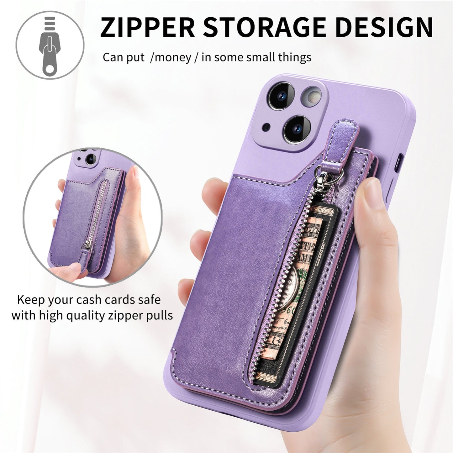 ELECTROPRIME For iPhone 15 Zipper Wallet Leather Back Shockproof Phone Case(Purple)