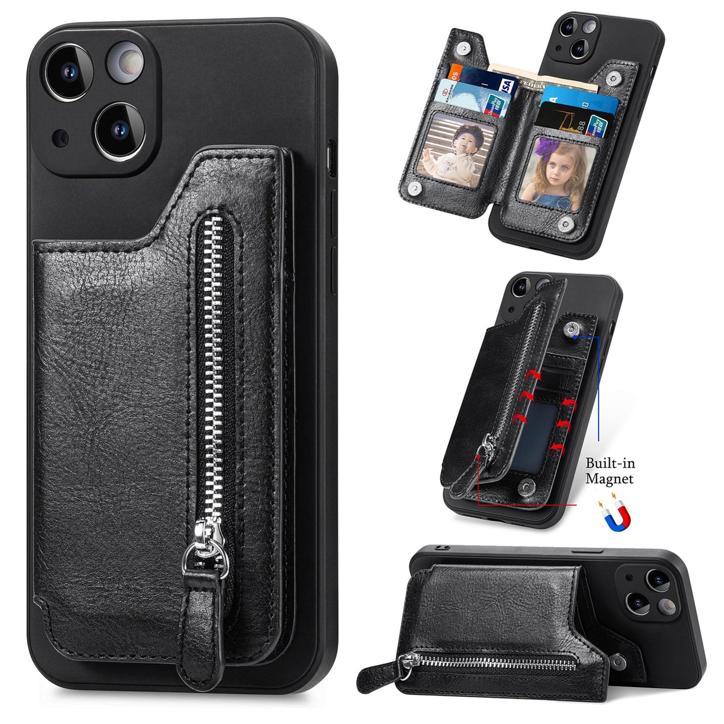 ELECTROPRIME For iPhone 15 Zipper Wallet Leather Back Shockproof Phone Case(Black)
