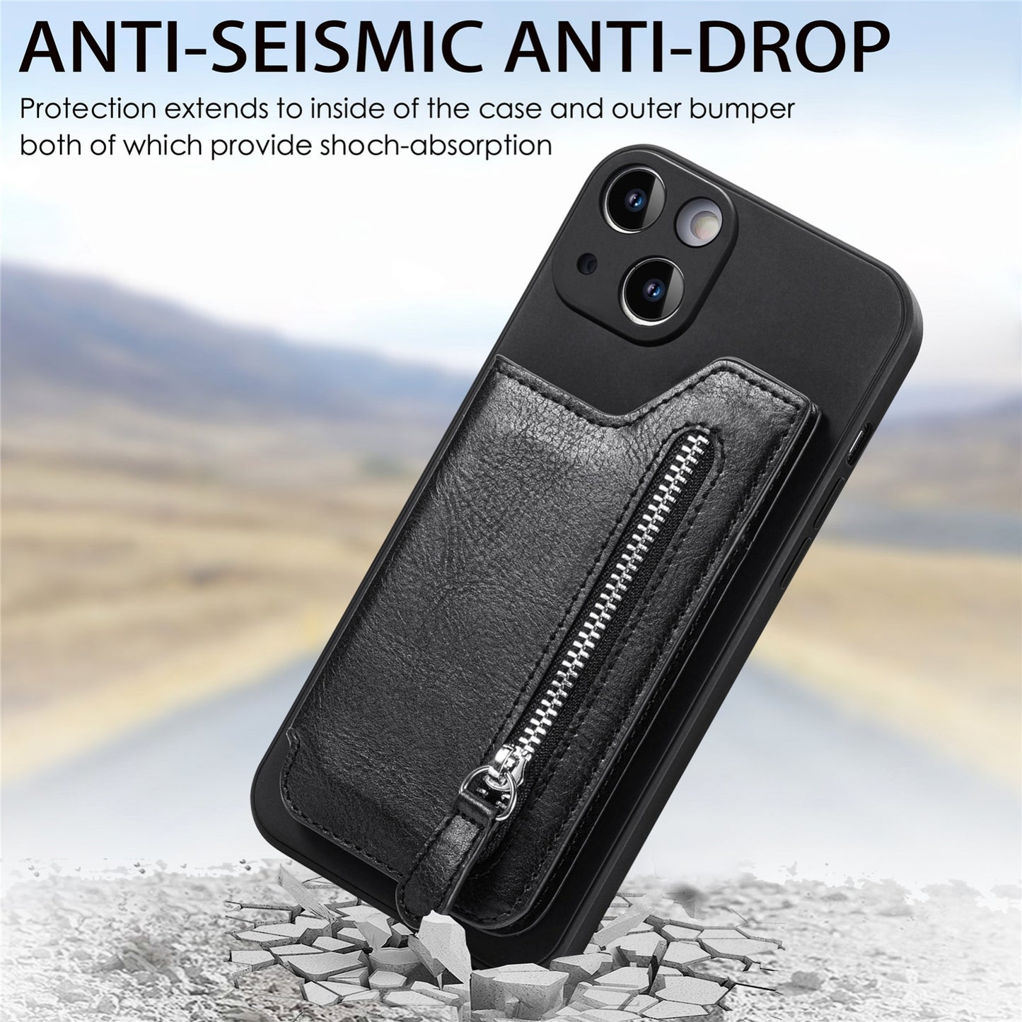 ELECTROPRIME For iPhone 15 Zipper Wallet Leather Back Shockproof Phone Case(Black)