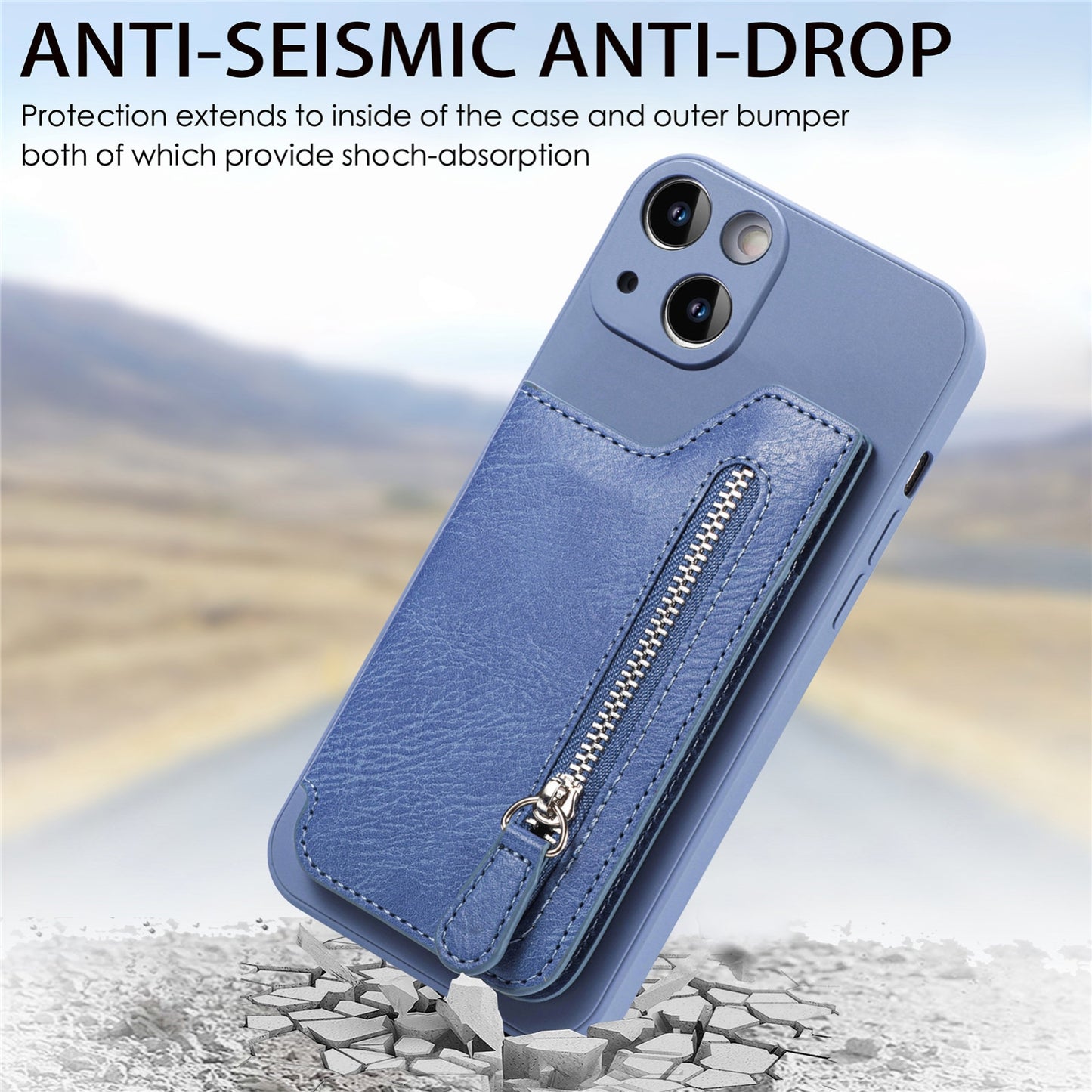 ELECTROPRIME For iPhone 15 Zipper Wallet Leather Back Shockproof Phone Case(Blue)