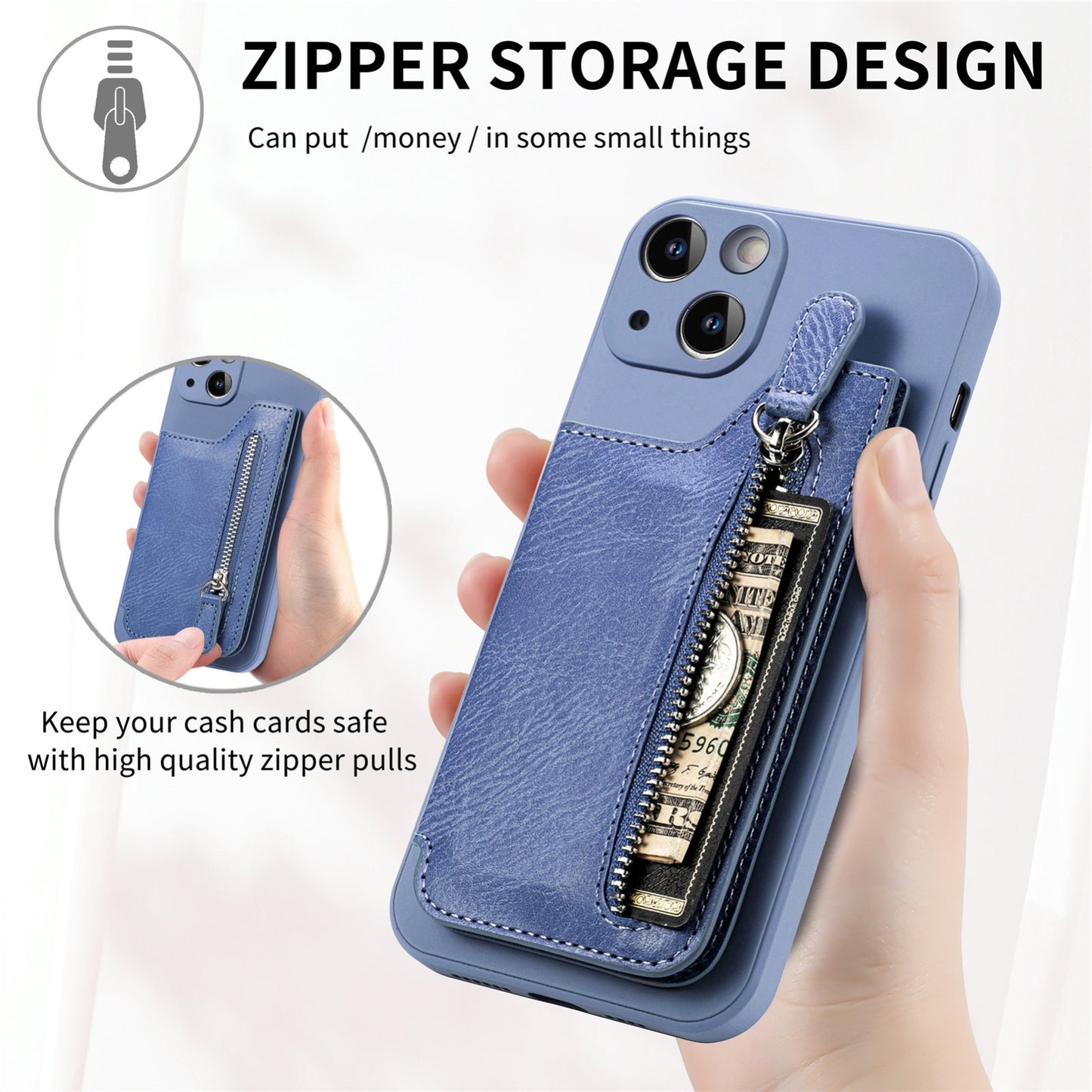 ELECTROPRIME For iPhone 15 Zipper Wallet Leather Back Shockproof Phone Case(Blue)