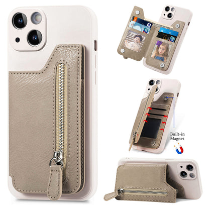 ELECTROPRIME For iPhone 15 Zipper Wallet Leather Back Shockproof Phone Case(Khaki)