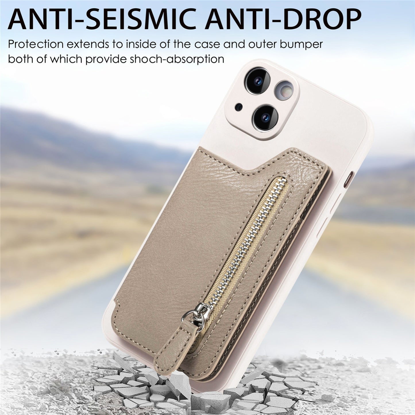 ELECTROPRIME For iPhone 15 Zipper Wallet Leather Back Shockproof Phone Case(Khaki)