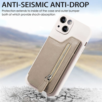 ELECTROPRIME For iPhone 15 Zipper Wallet Leather Back Shockproof Phone Case(Khaki)