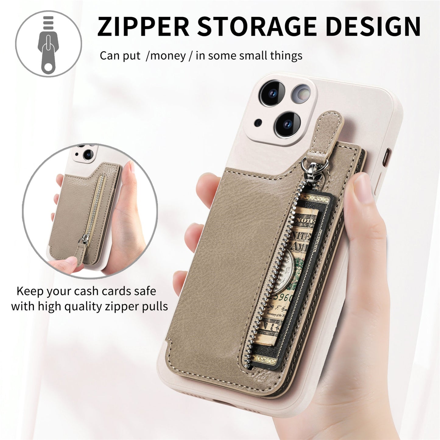 ELECTROPRIME For iPhone 15 Zipper Wallet Leather Back Shockproof Phone Case(Khaki)