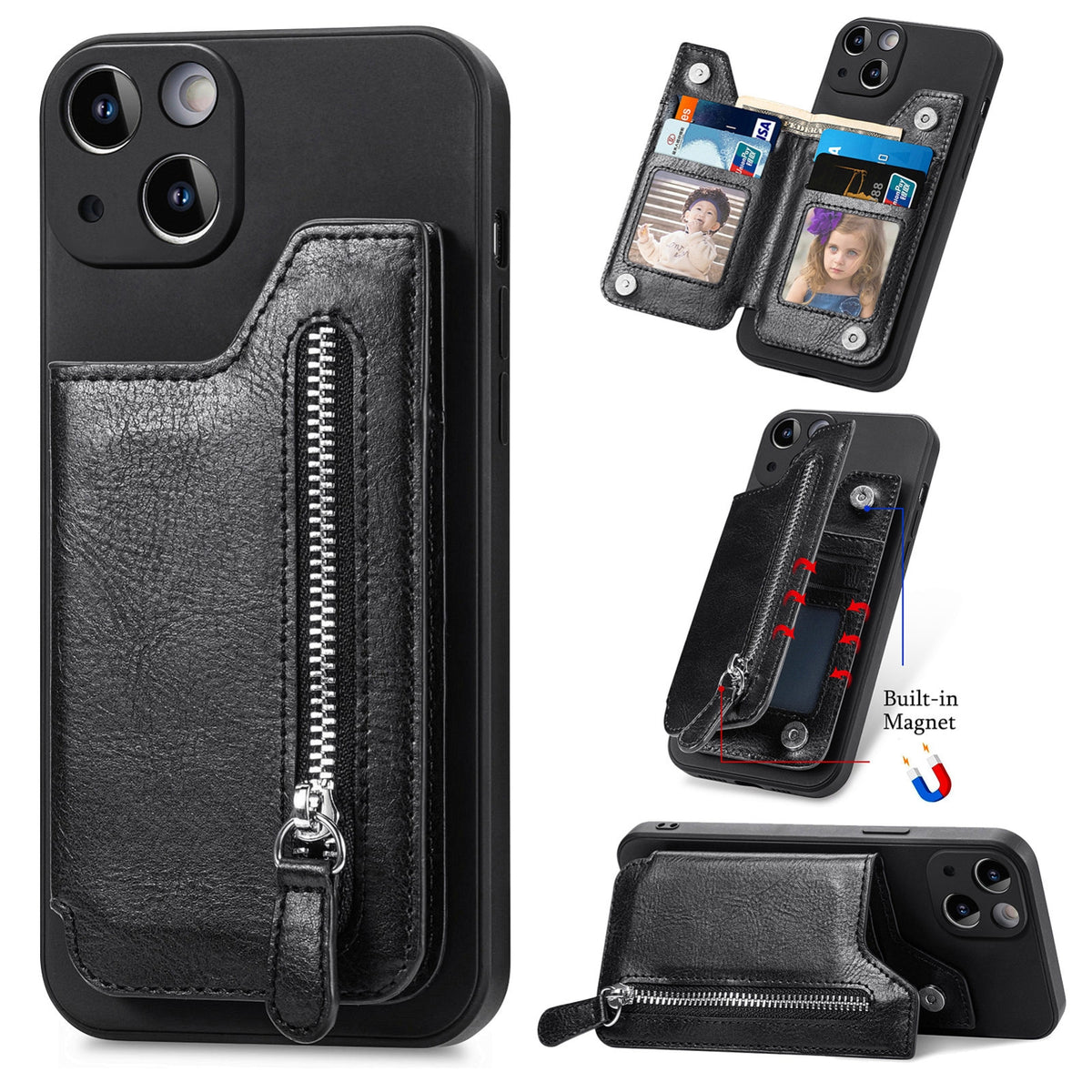 ELECTROPRIME For iPhone 15 Plus Zipper Wallet Leather Back Shockproof Phone Case(Black)