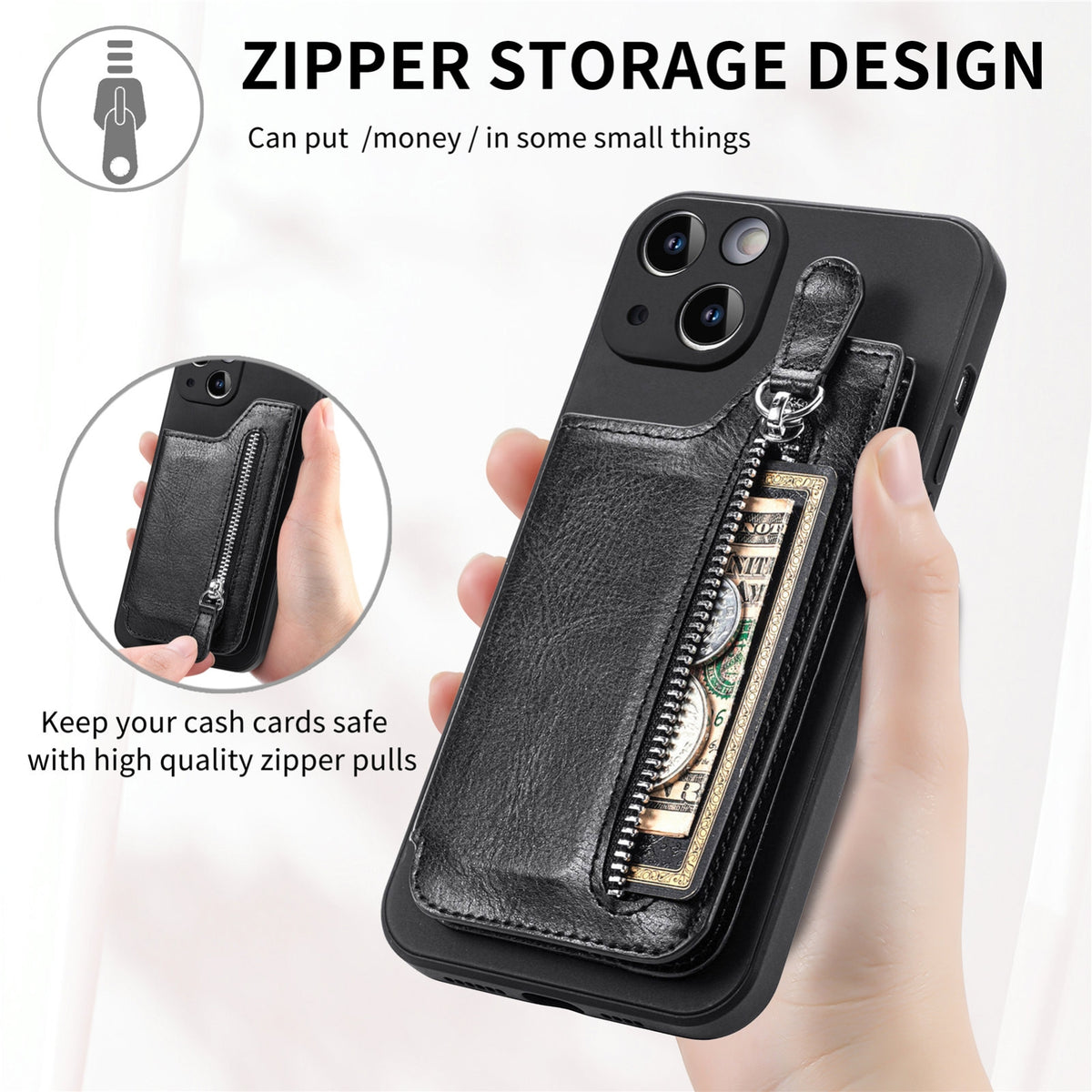ELECTROPRIME For iPhone 15 Plus Zipper Wallet Leather Back Shockproof Phone Case(Black)